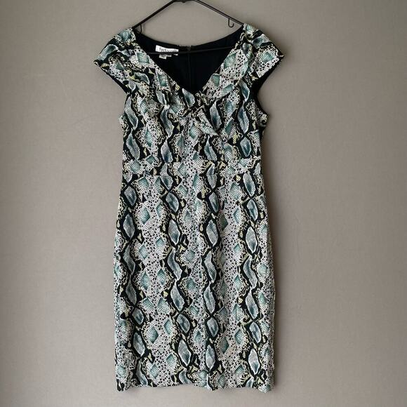 Kay Unger‎ sz 12 snake print silk green faux wrap sheath dress - Picture 1 of 9